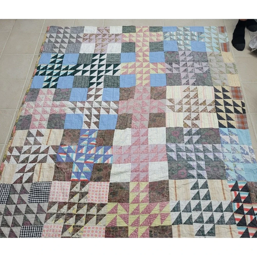 Vtg Handmade Patchwork Quilt Reversible 74x69 Farmhouse Throw Machine Stitch